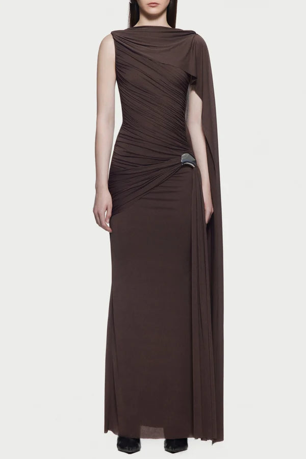 Betsey Asymmetrical Sleeveless Ruched Maxi Dress - Brown