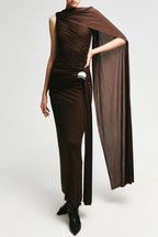 Betsey Asymmetrical Sleeveless Ruched Maxi Dress - Brown