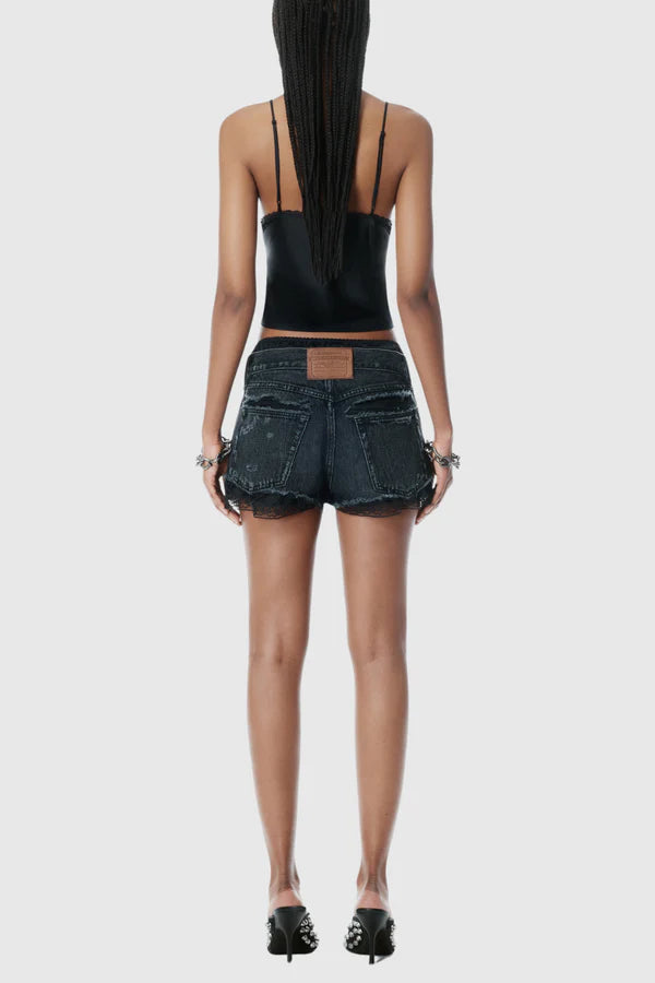 Chaeli Lace-layer Denim Shorts - Black