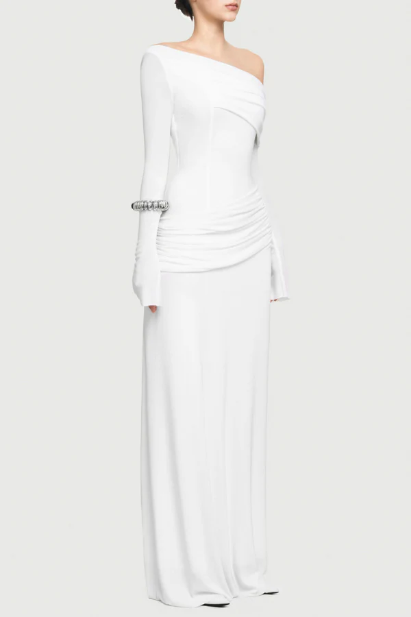 Gunnar Off Shoulder Asymmetric Ruched Maxi Dress - White