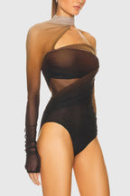 Jazlya Asymmetric Mesh Ruched Bodysuit