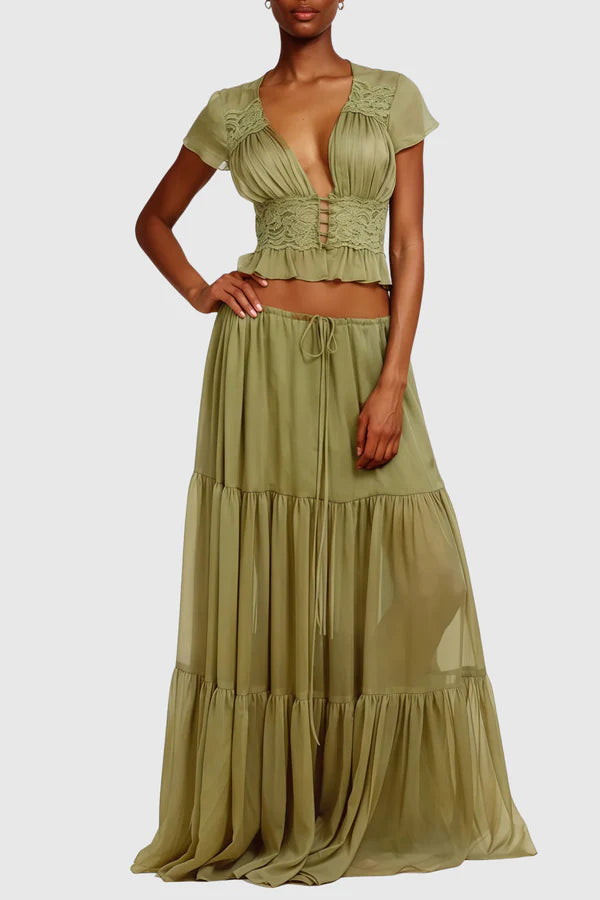 Jettya Lace Ruffle Top & Maxi Skirt Set - Green