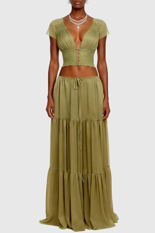 Jettya Lace Ruffle Top & Maxi Skirt Set - Green