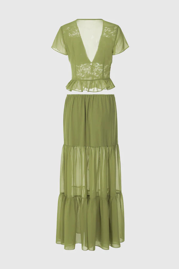 Jettya Lace Ruffle Top & Maxi Skirt Set - Green