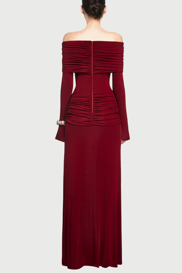 Lekeisha Off Shoulder Draped Maxi Dress - Wine