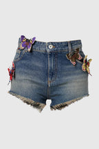 Marlowe Butterfly Embroidered Denim Shorts